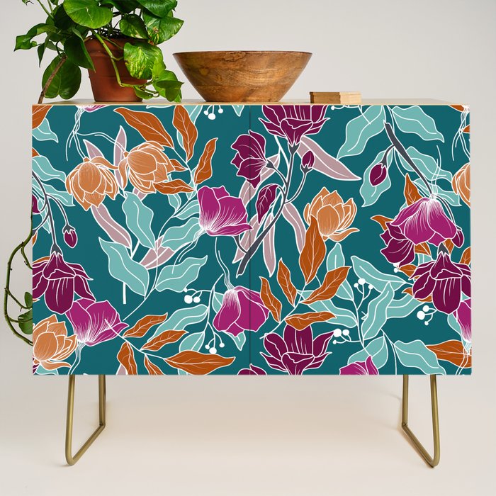 Colorful Floral Jungle, Green, Teal, Magenta and Orange, Flower Prints Credenza Gallery Image 1