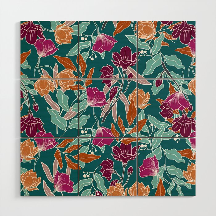Colorful Floral Jungle, Green, Teal, Magenta and Orange, Flower Prints Wood Wall Art Gallery Image 1