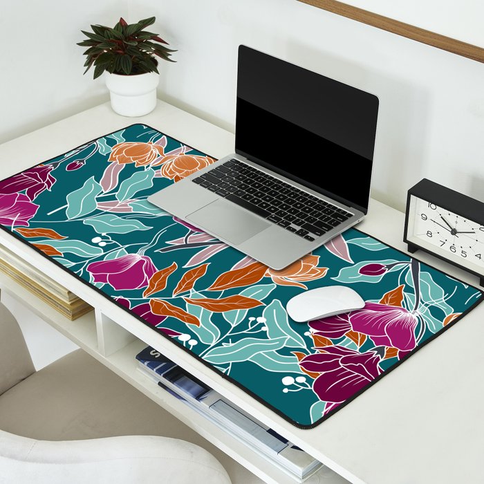 Colorful Floral Jungle, Green, Teal, Magenta and Orange, Flower Prints Desk Mat Gallery Image 2