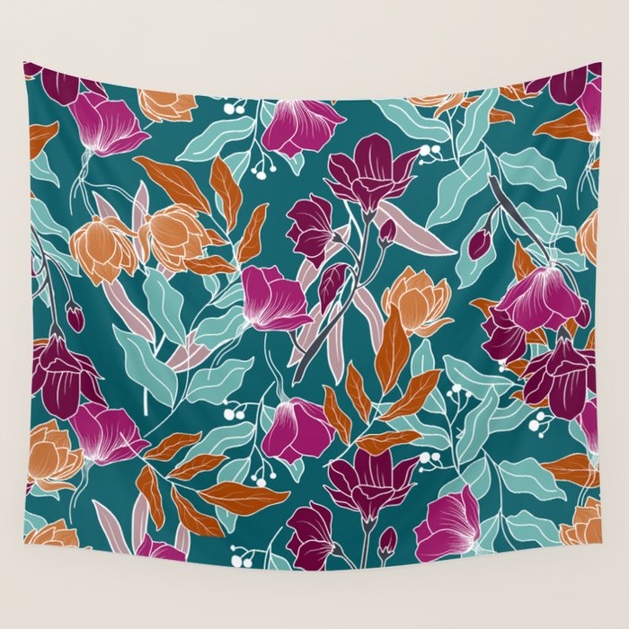 Colorful Floral Jungle, Green, Teal, Magenta and Orange, Flower Prints Wall Tapestry Gallery Image 4