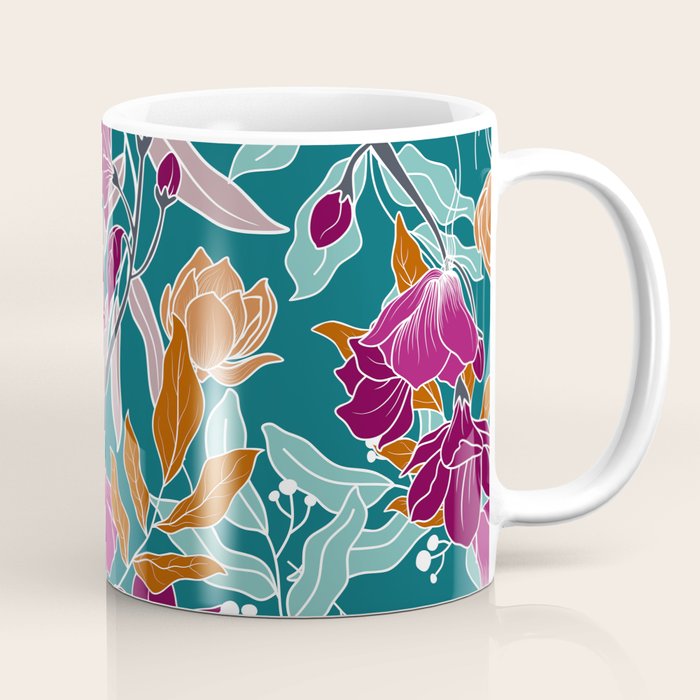 Colorful Floral Jungle, Green, Teal, Magenta and Orange, Flower Prints Coffee Mug Gallery Image 1