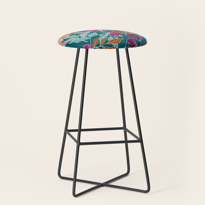 Colorful Floral Jungle, Green, Teal, Magenta and Orange, Flower Prints Stool Gallery Image 1