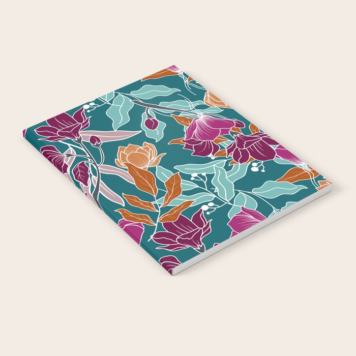 Colorful Floral Jungle, Green, Teal, Magenta and Orange, Flower Prints Notebook Gallery Image 1