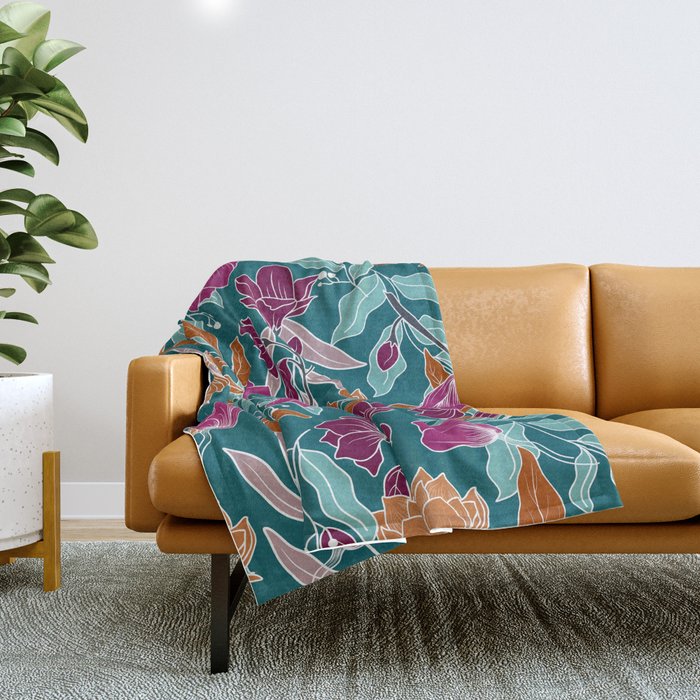 Colorful Floral Jungle, Green, Teal, Magenta and Orange, Flower Prints Throw Blanket Gallery Image 1