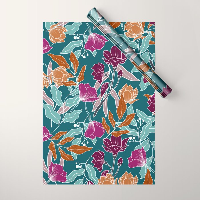 Colorful Floral Jungle, Green, Teal, Magenta and Orange, Flower Prints Wrapping Paper Gallery Image 1