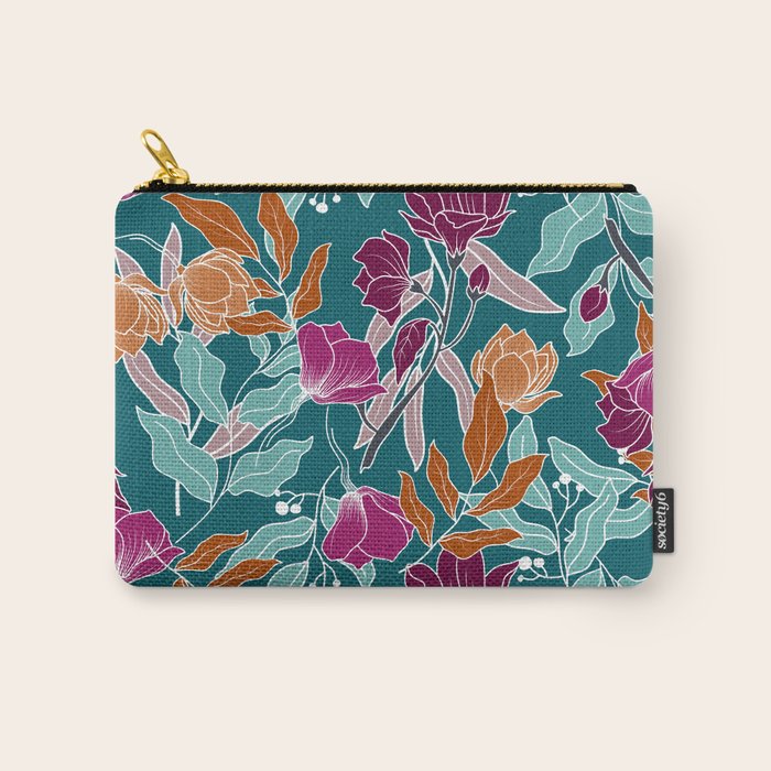 Colorful Floral Jungle, Green, Teal, Magenta and Orange, Flower Prints Carry All Pouch Gallery Image 1