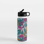 Colorful Floral Jungle, Green, Teal, Magenta and Orange, Flower Prints Water Bottle Gallery Image 1