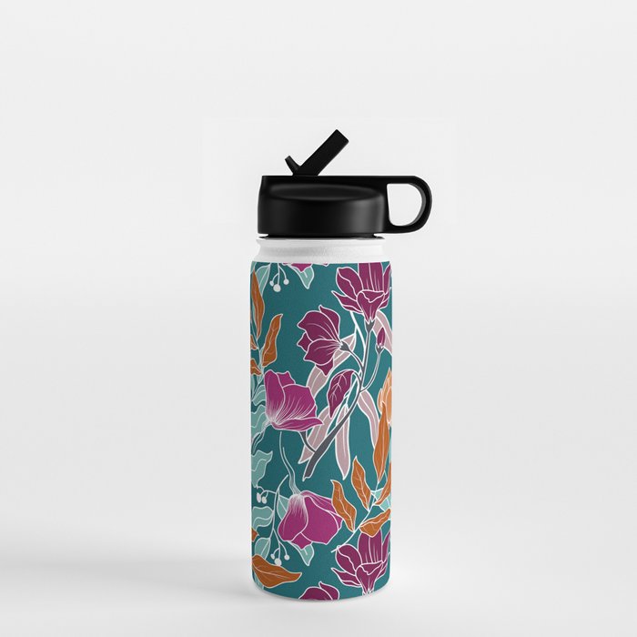 Colorful Floral Jungle, Green, Teal, Magenta and Orange, Flower Prints Water Bottle Gallery Image 1