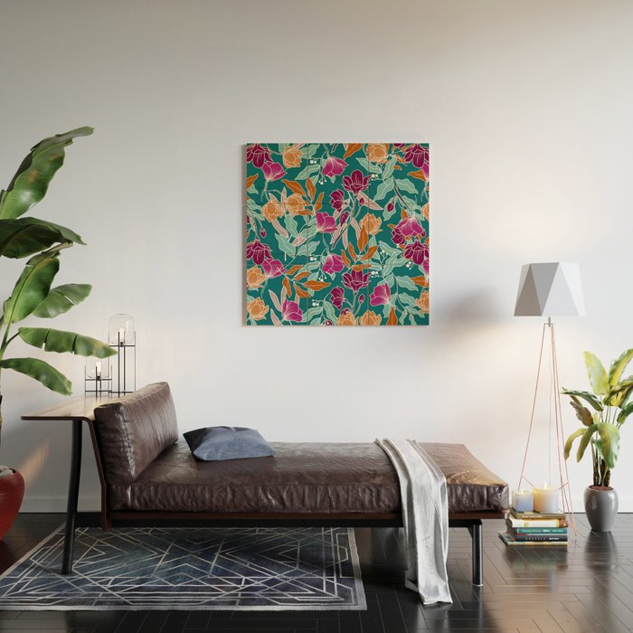 Colorful Floral Jungle, Green, Teal, Magenta and Orange, Flower Prints Wood Wall Art Gallery Image 2