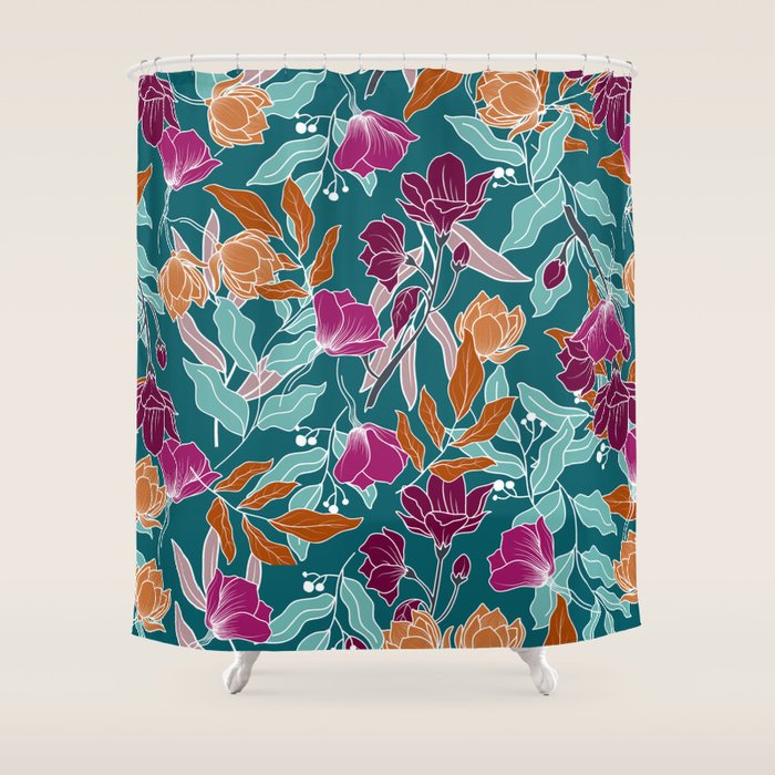 Colorful Floral Jungle, Green, Teal, Magenta and Orange, Flower Prints Shower Curtain Gallery Image 1