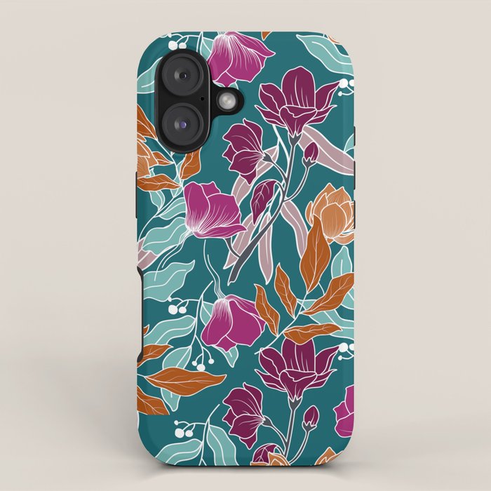 Colorful Floral Jungle, Green, Teal, Magenta and Orange, Flower Prints iPhone Case Gallery Image 1