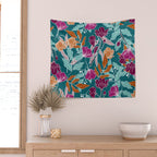 Colorful Floral Jungle, Green, Teal, Magenta and Orange, Flower Prints Wall Tapestry Gallery Image 2