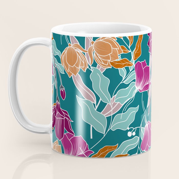 Colorful Floral Jungle, Green, Teal, Magenta and Orange, Flower Prints Coffee Mug Gallery Image 3