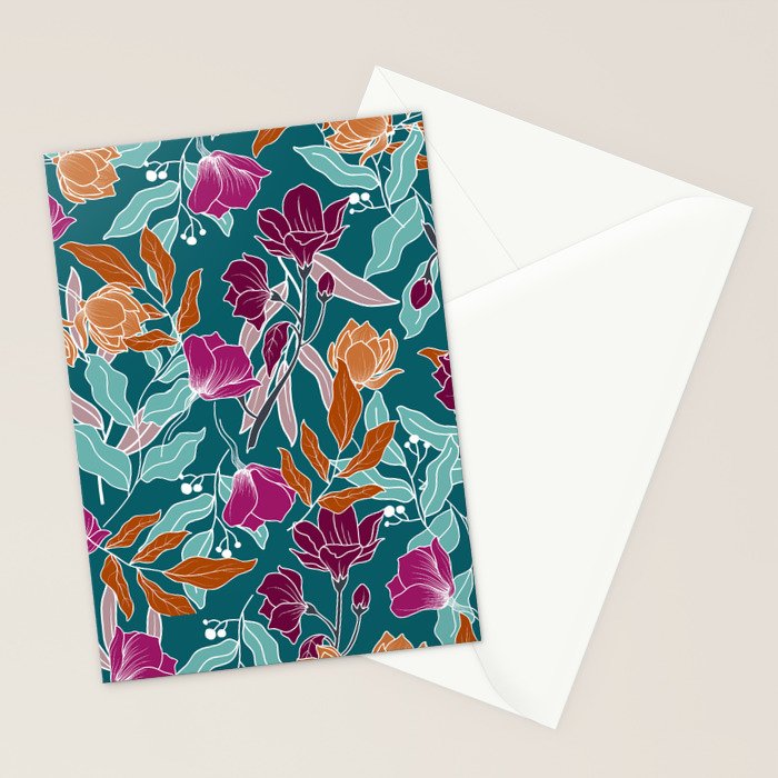 Colorful Floral Jungle, Green, Teal, Magenta and Orange, Flower Prints Stationery Card Gallery Image 2