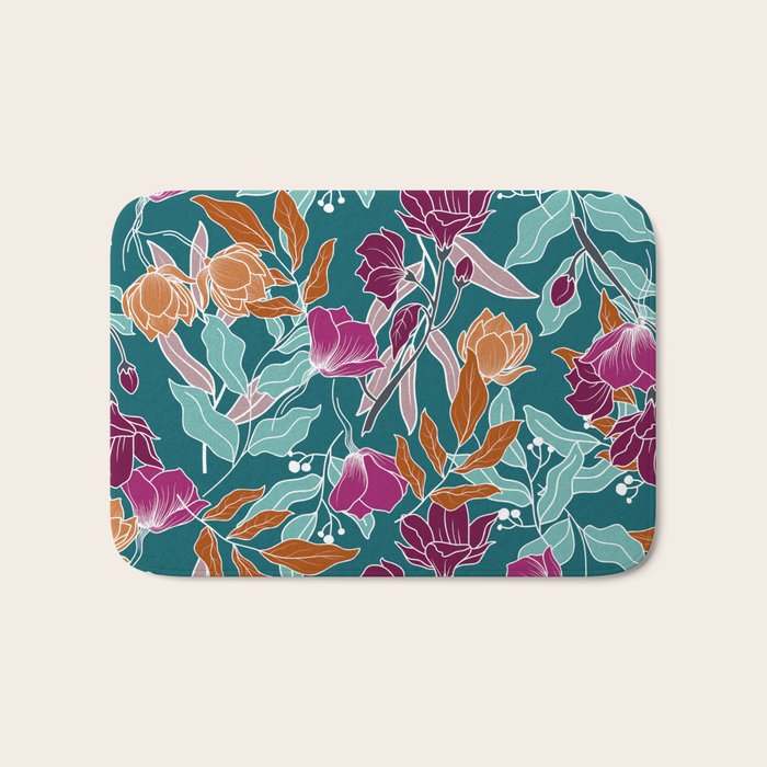 Colorful Floral Jungle, Green, Teal, Magenta and Orange, Flower Prints Bath Mat Gallery Image 1