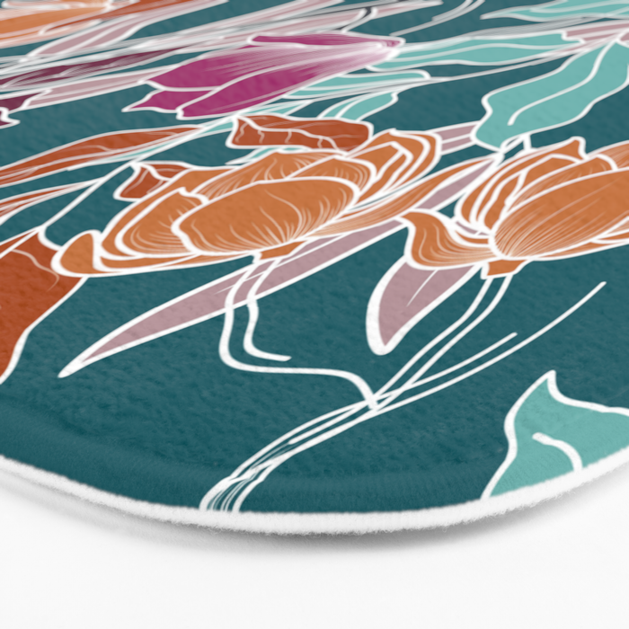 Colorful Floral Jungle, Green, Teal, Magenta and Orange, Flower Prints Bath Mat Gallery Image 3