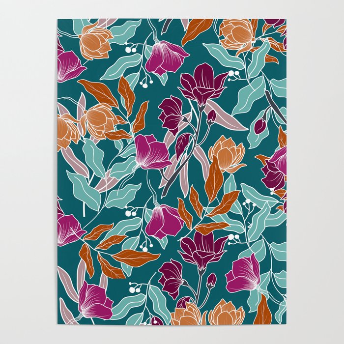Colorful Floral Jungle, Green, Teal, Magenta and Orange, Flower Prints Poster Gallery Image 1