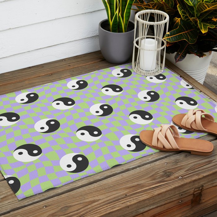 Retro psychedelic yin yang checkered pattern Outdoor Rug Gallery Image 2