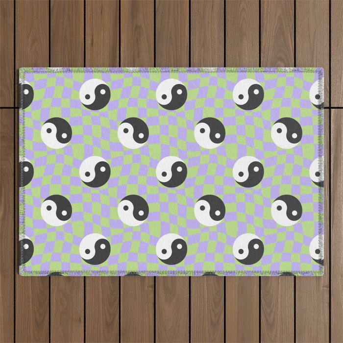 Retro psychedelic yin yang checkered pattern Outdoor Rug Gallery Image 1