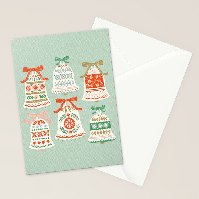 Folk Art Holiday Bells - Light Green Stationery Card Gallery Image 2