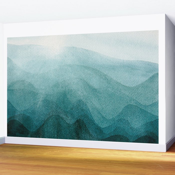 Sunrise in the mountains, dawn, teal, abstract watercolor Wall Mural Gallery Image 2