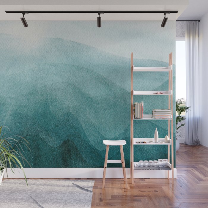 Sunrise in the mountains, dawn, teal, abstract watercolor Wall Mural Gallery Image 1