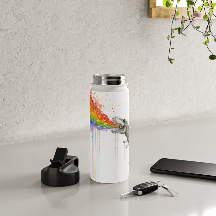 T-Rex Dinosaur Rainbow Puke Taste the Rainbow Watercolor Water Bottle Gallery Image 4