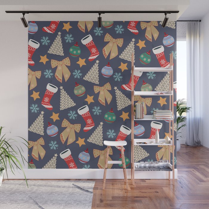 Cute Christmas Navy Blue Wall Mural Gallery Image 1
