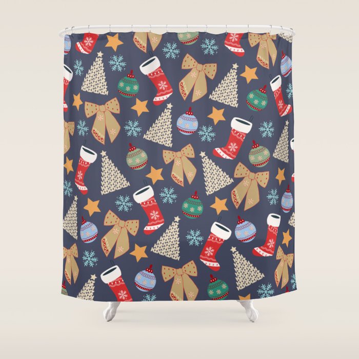 Cute Christmas Navy Blue Shower Curtain Gallery Image 1