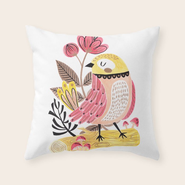 Little Birdy on a Log Throw Pillow Gallery Image 1