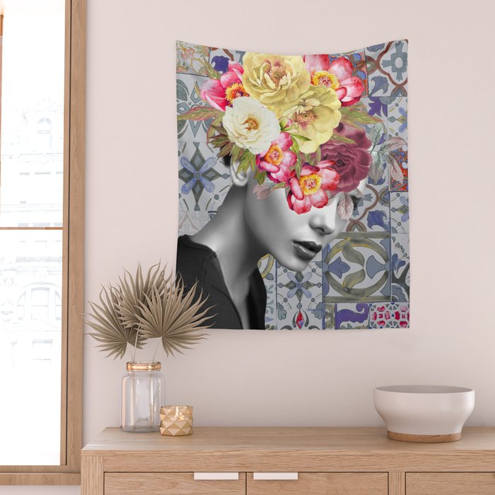 collage art-girl with flowers Wall Tapestry Gallery Image 2