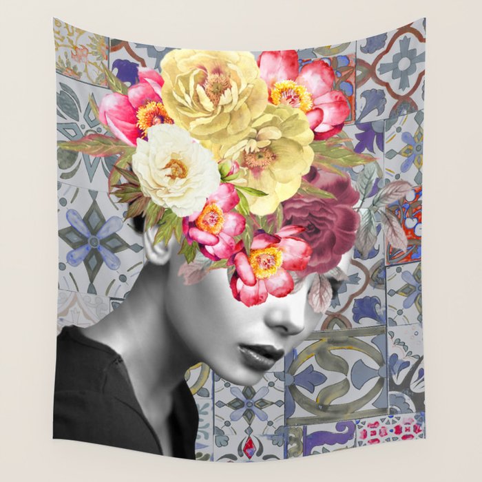collage art-girl with flowers Wall Tapestry Gallery Image 1