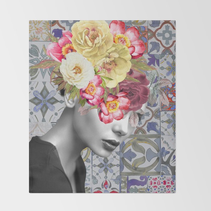 collage art-girl with flowers Throw Blanket Gallery Image 2