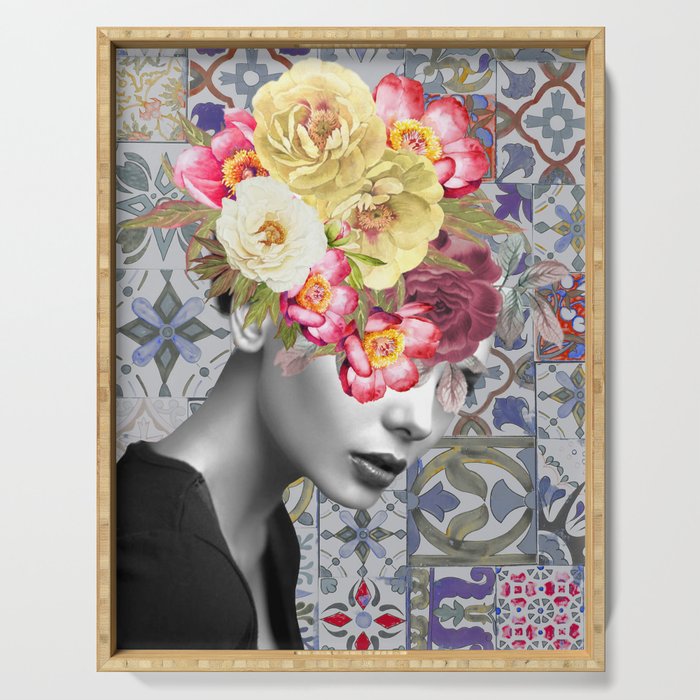collage art-girl with flowers Serving Tray Gallery Image 1
