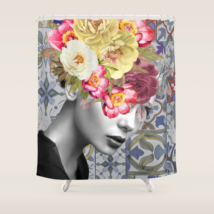 collage art-girl with flowers Shower Curtain Gallery Image 1