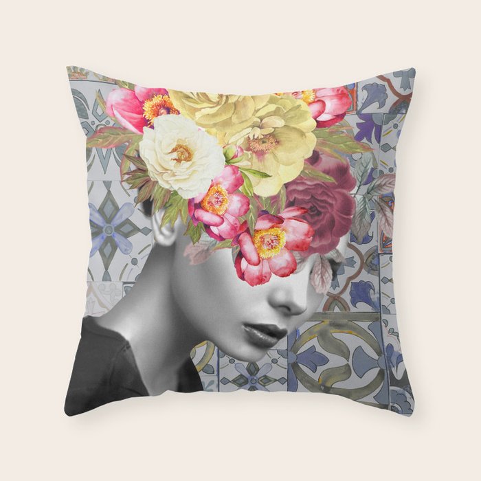 collage art-girl with flowers Throw Pillow Gallery Image 6