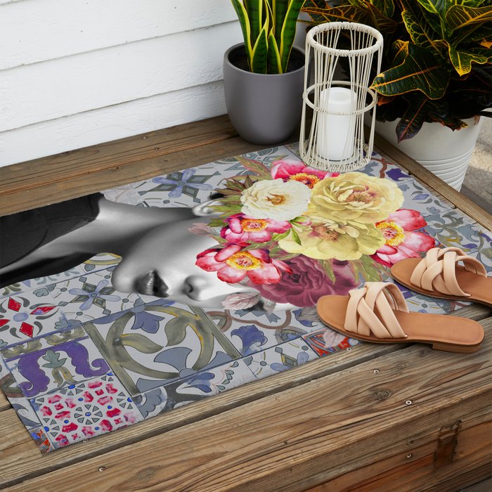 collage art-girl with flowers Outdoor Rug Gallery Image 2