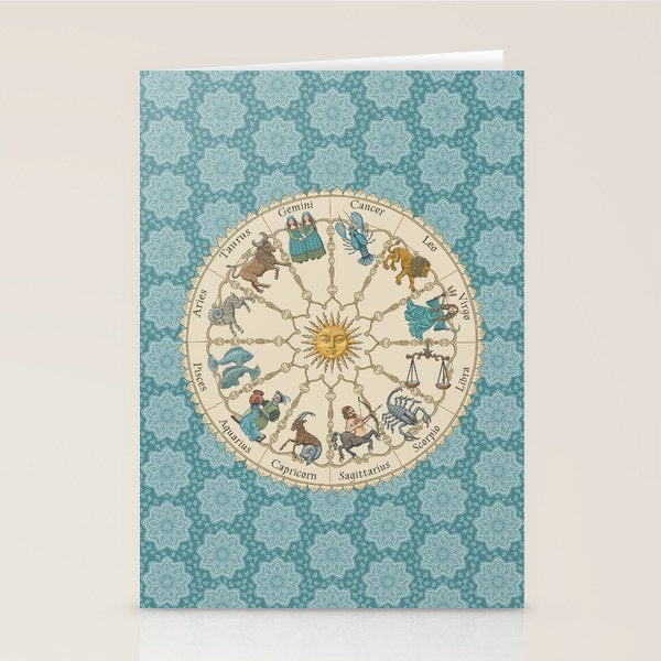 Vintage Astrology Zodiac Wheel on Teal Stationery Card Gallery Image 1