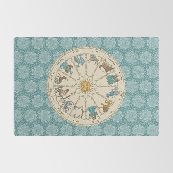 Vintage Astrology Zodiac Wheel on Teal Rug Gallery Image 2