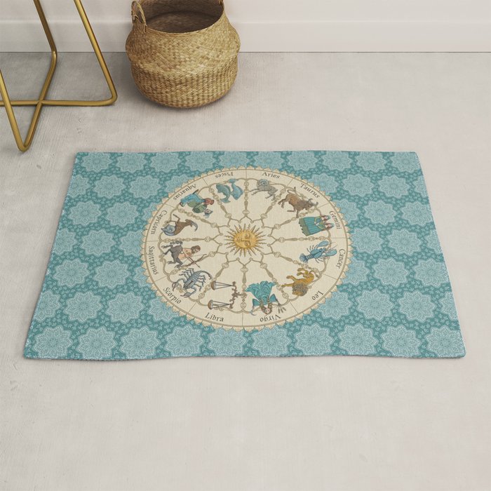 Vintage Astrology Zodiac Wheel on Teal Rug Gallery Image 1
