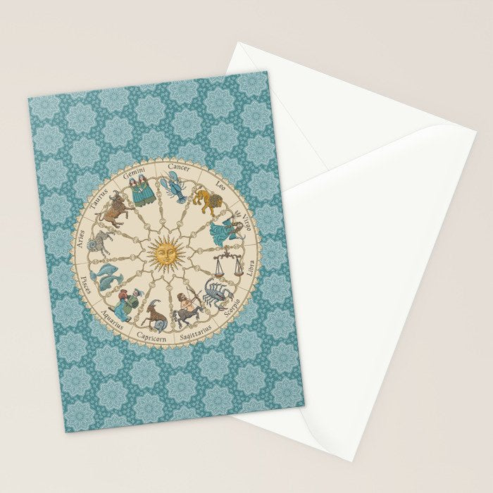 Vintage Astrology Zodiac Wheel on Teal Stationery Card Gallery Image 2