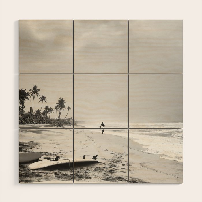 Back and white surf beach photo Wood Wall Art Gallery Image 1