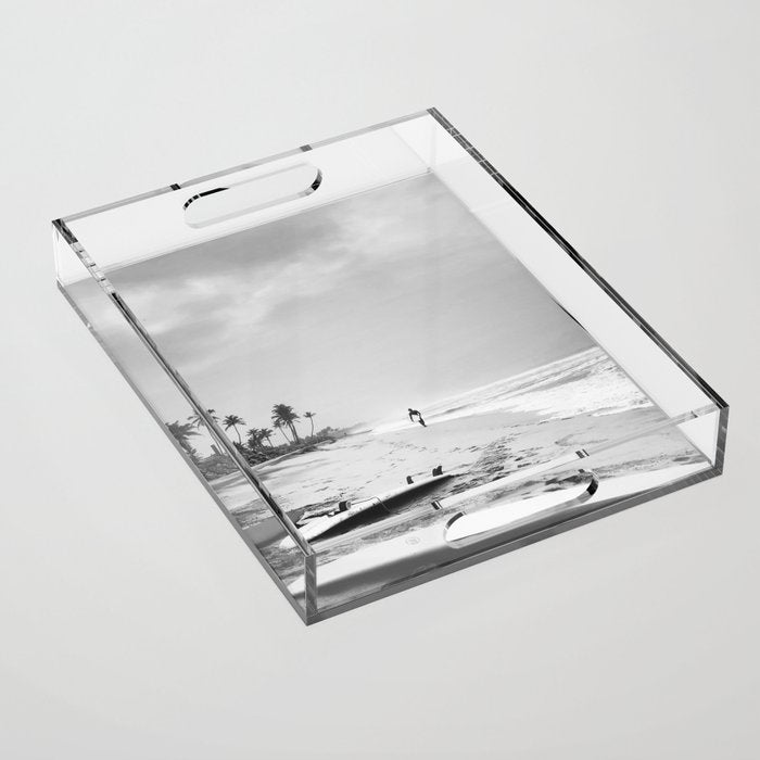 Back and white surf beach photo Acrylic Tray Gallery Image 1