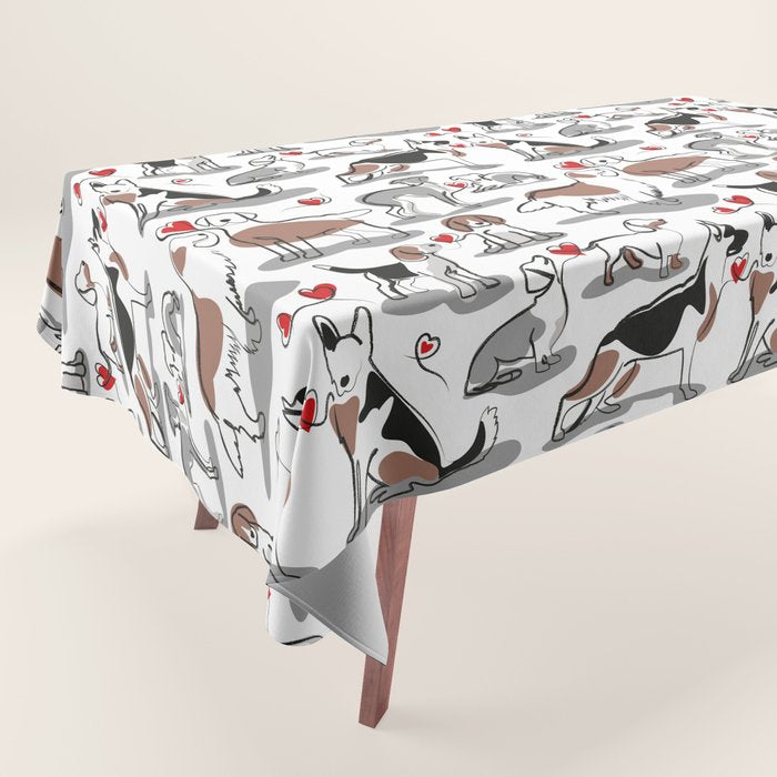 Woof endless love // white background red hearts continuous lined pair of dog breeds Tablecloth Gallery Image 1