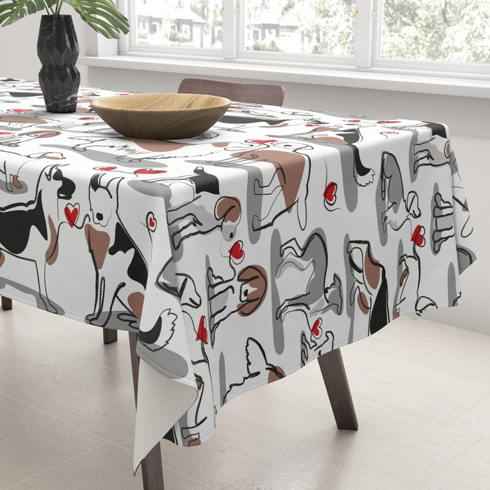 Woof endless love // white background red hearts continuous lined pair of dog breeds Tablecloth Gallery Image 3