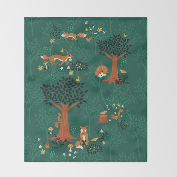 Foxes Playing in the Emerald Forest Throw Blanket Gallery Image 2