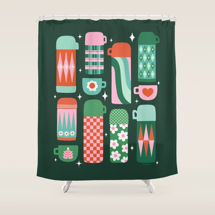 Retro Christmas Coffee Thermoses - Green Shower Curtain Gallery Image 1