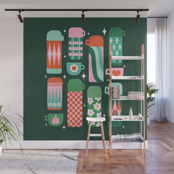 Retro Christmas Coffee Thermoses - Green Wall Mural Gallery Image 1