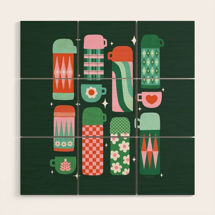 Retro Christmas Coffee Thermoses - Green Wood Wall Art Gallery Image 1