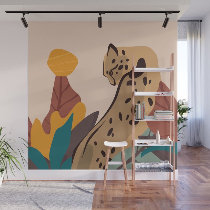 Jungle Leopard with Tropical Leaves in Earthy Colors Wall Mural